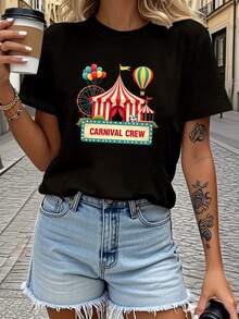 Women's Carnival T-Shirt, Printed With A Circus Troupe Motif, Round Neck, Soft And Comfortable, Ideal For Spring And Summer, Machine Washable, Modern And Fashionable Design, Perfect For Everyday Wear And Gifts, Circus T-Shirt, Ideal For Holidays And Playtime, Excellent For Parties And Family Vacations, Party Outfit, Summer Outfit, Warm Weather Clothing. - 黑色 - 查看 1