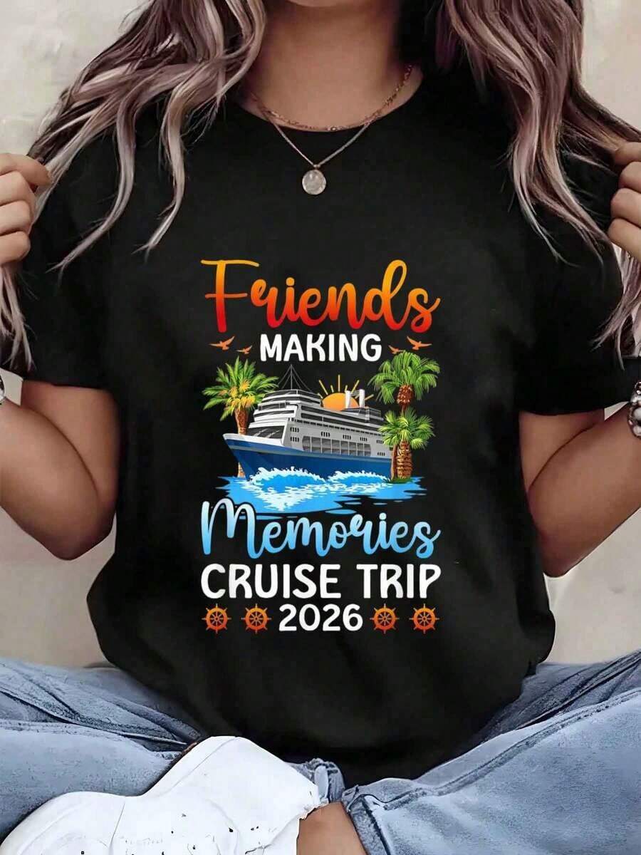 Camiseta de mujer con diseÃ±o impreso de "Haciendo recuerdos con amigos, Crucero 2026" con escena de barco, palmera, sol y playa.Cuello redondo, ajuste regular, uso casual, regalo para viajes, vacaciones y fiestas.Mezcla de algodÃ³n de 220g - Negro - Ver 1