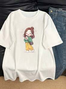Clothing | Women's Clothing | T-Shirts | Women's Summer Short Sleeve T-Shirt, Casual, Fashionable, Loose Fit, Ins Over Fire Style - 白色 - 查看 9