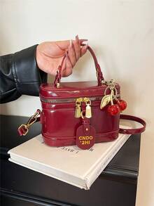 Elegant Chic Solid Color PU Leather Portable Square Bag, Mini PU Bag, Waterproof Burgundy Fabric Bag, Letter Graphic Decor Design Box Bag, Suitable For Travel, Shopping, Party, Commuting, Fashionable Burgundy Bag, Red Bag , Burgundy Bag - 酒紅色 - 查看 3