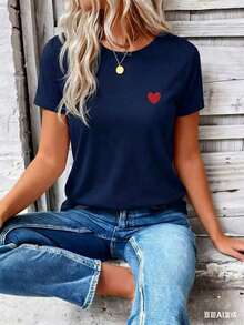 Women's Casual Short-Sleeved T-Shirt With Round Neck And Heart Print, New Spring-Summer Collection. Very Popular New Arrival. - 海軍藍 - 查看 4