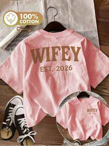 Women's Vintage T-Shirt With WIFEY EST 2026 Print, Bold Letter Graphic Design, Casual Round Neck, Loose Fit Pure Cotton Short Sleeve T-Shirt For Summer, Unisex - 粉色 - 查看 1
