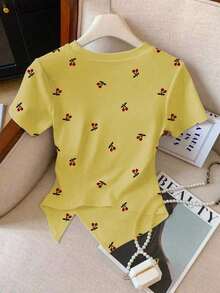 de manga corta con pliegues y bajo asimétrico de unicolor casual para mujer, verano - Amarillo - Ver 2