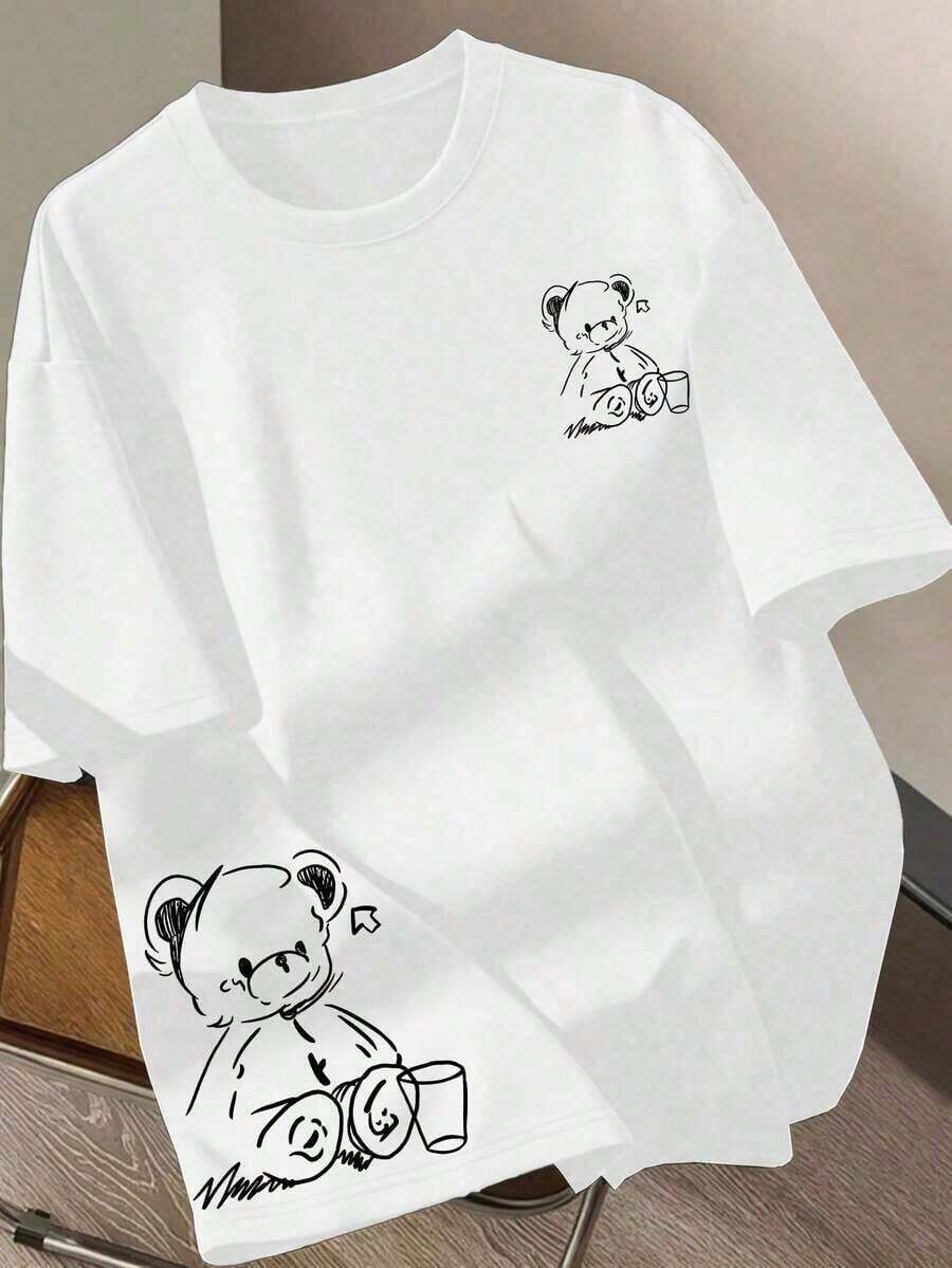 Women's Casual T-Shirt With Cartoon Bear Print, Round Neck And Short Sleeve - 白色 - 查看 1