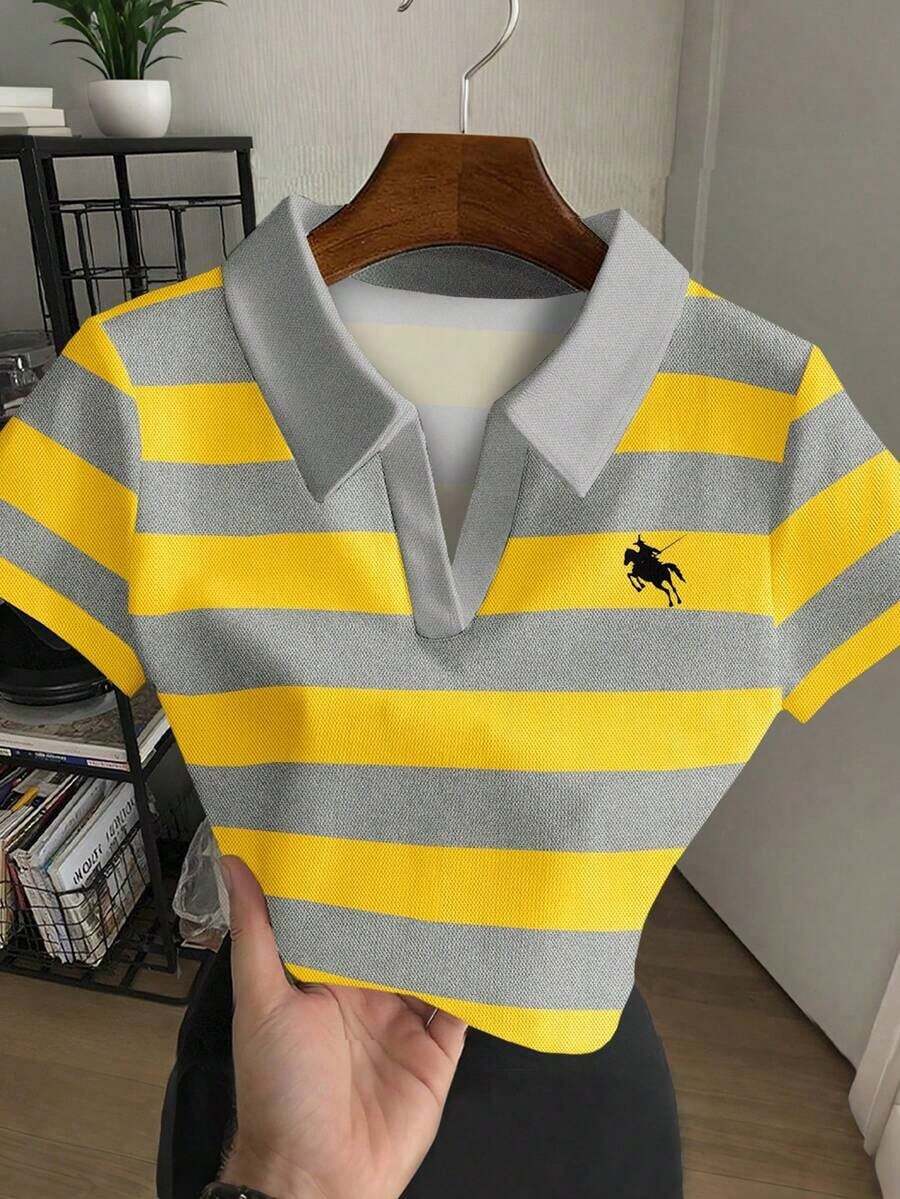 Blusa casual de mujer con cuello polo a rayas y manga corta - Gris 2 - Ver 1