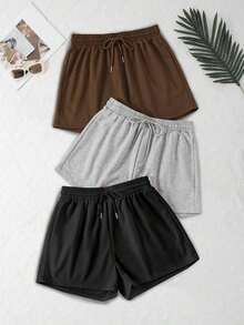 3 piezas Pantalones cortos deportivos casuales de cintura elástica y cordón de unicolor - Multicolor - Ver 1