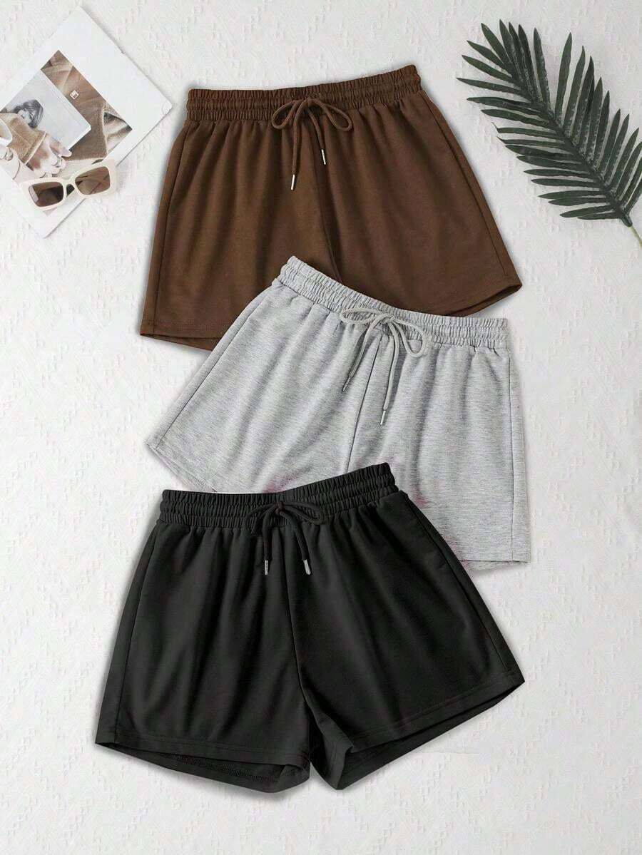 3 piezas Pantalones cortos deportivos casuales de cintura elástica y cordón de unicolor - Multicolor - Ver 1