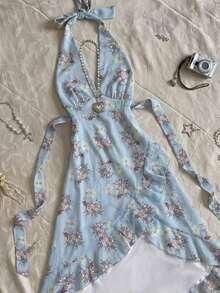 Vestido de verano con cuello halter y estampado floral diminuto para mujer - Celeste - Ver 3