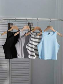 Conjunto de 4 piezas para mujer: Camiseta sin mangas a rayas en blanco y negro, cereza casual para vacaciones, versátil y sexy para el verano y el regreso a la escuela - Multicolor 13 - Ver 7