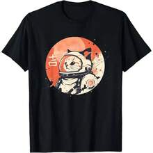 Camiseta de Algodón de Manga Corta, Estilo Minimalista Japonés, Retro de los Años 50, con Diseño de Gato Espacial y Kanji de Buena Suerte, para Hombres y Mujeres - Negro - Ver 5