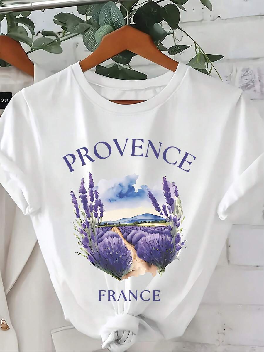 Women's Casual T-Shirt With Lavender Lilac Print - French Provence Design, "PROVENCE" Graphic, Soft And Quick-Drying Fabric, Lightweight Stretch Crew Neck For Spring/Summer, Scenic Illustration, Comfortable And Stylish, Short Sleeve, Relaxed Fit - 白色 - 查看 1