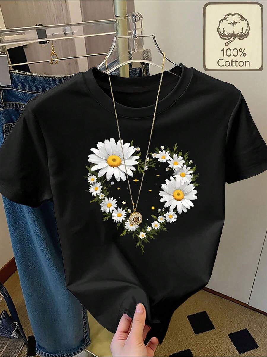 Camiseta 100% con estampado de corazón de margarita, cuello redondo, manga corta, cómoda y transpirable para uso diario en verano, ropa de verano para mujer, ropa de invierno para mujer. - Negro - Ver 1