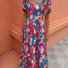 Elenzya Floral Print Waist Defined Puff Sleeve Square Neck Women Dress - Amarillo - Ver 5