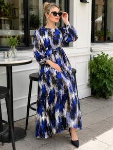 Plus Size Navy Blue Abstract Print Tie-Waist Maxi Dress With Long Sleeve - Navy Blue - View 14