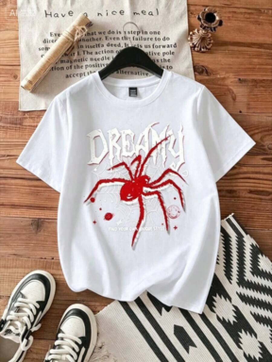 Nueva llegada 2026: Camiseta de manga corta de moda, diseño de nicho de verano, top holgado de talla grande. Camiseta 100% algodón puro, gruesa, en blanco y negro, con diseño gráfico y estampado de letras a la moda, estilo unisex de manga corta. Nueva colección para primavera, verano y otoño, transpirable y cómoda, estilo minimalista y versátil de ropa urbana, conjunto a juego para parejas. - Blanco - Ver 1