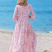 Casual Floral Pattern V-Neck Long Sleeve Pleated Dress For Women, Suitable For Autumn Blue And White Floral Dress Chic Dress,Vacation - Beis - Ver 8
