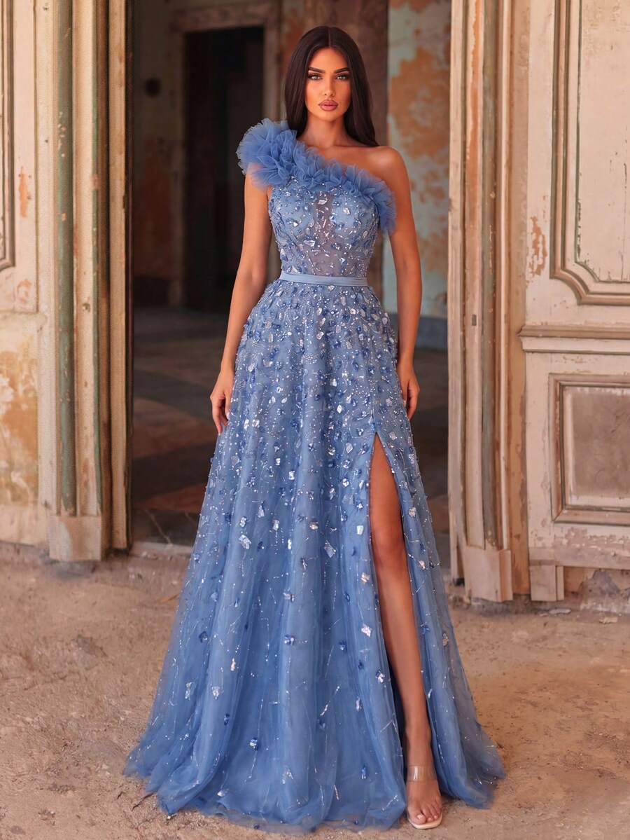 Faeriesty Vestido largo de noche formal con cuello asimétrico, sin mangas, con lentejuelas, dobladillo con volantes y abertura, con cuentas y lazo en la espalda, para vacaciones