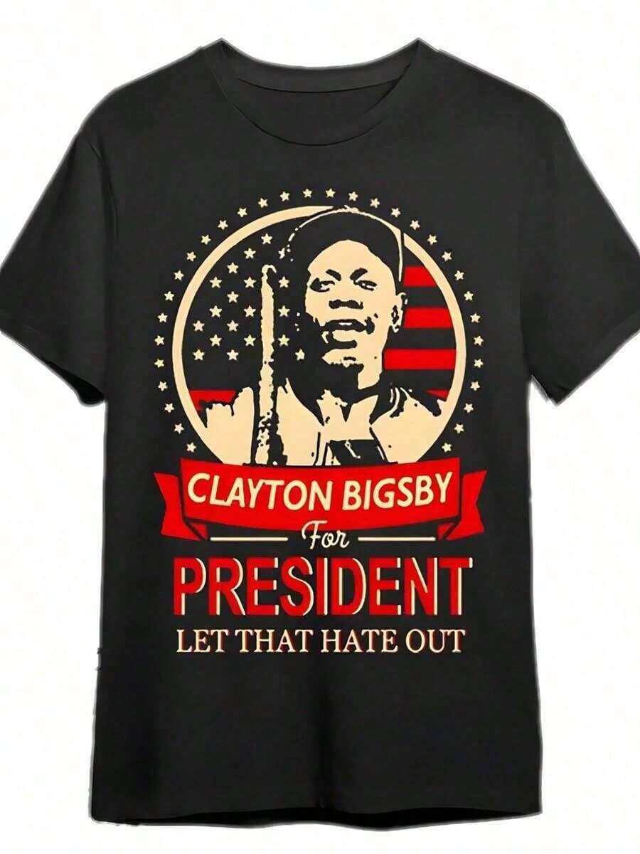One Piece, 100% Cotton, Retro T-Shirt With Exquisite Clayton Bigsby Letter Print, Short Sleeve Printed T-Shirt For Couples, Pure Cotton Short Sleeve Crew Neck Urban Style T-Shirt, Modern And Fashionable, Holiday Gift VQBH - 黑色 - 查看 1