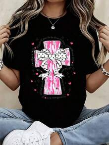 Camiseta con estampado de cruz rosa y lazo, cita cristiana, para uso casual y deportivo - alta calidad - Negro - Ver 8