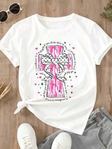Camiseta con estampado de cruz rosa y lazo, cita cristiana, para uso casual y deportivo - alta calidad - Blanco - Ver 2
