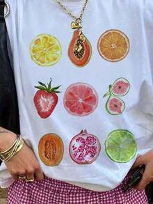 Women's Casual Summer T-Shirt, Fruit And Vegetable Print, Round Neck, Drop Sleeve, Ideal For 2026 Vacation, Women's Summer Clothes 100% Cotton, Durable - 白色 - 查看 2