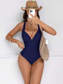 Traje de baño de una pieza con control de abdomen y push-up, con parches de color marrón, cordón de ajuste elegante y sexy, para fiestas y piscina - Azul marino - Ver 5