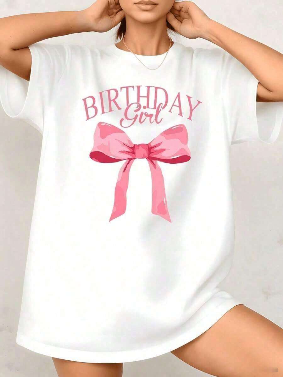 Modern MinimalistCamiseta de Mujer con Estampado Gráfico de Niña Cumpleañera con Lazo Rosa, Algodón, Cuello Redondo, Corte Holgado, Manga Corta, Pieza.Son Excelentes Regalos para Amigas y Familiares.casual everyday - Blanco - Ver 1