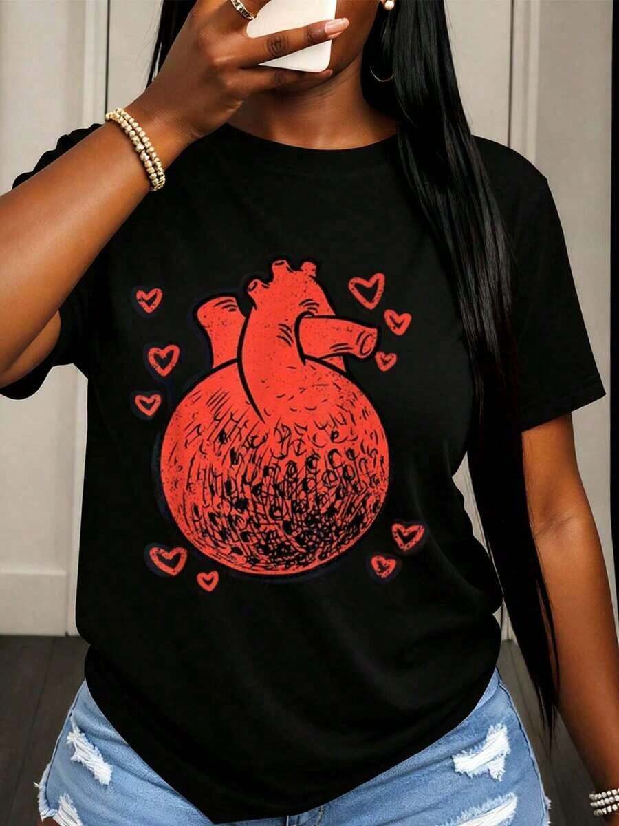 Camiseta de Cuello Redondo Casual para Mujer con Estampado de Corazón Anatómico y Símbolos de Amor, Estilo Suave y Cómodo para Uso Diario, Regalos para Fiestas, Primera Opción. Blusas para mujer. - Negro - Ver 1