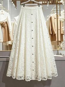Falda de encaje de línea A elegante, estilo minimalista de moda para ir al trabajo - Albaricoque - Ver 3
