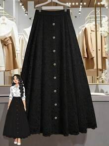 Elegant A-Line Lace Skirt,  Minimalist Style For Work - Black - View 12
