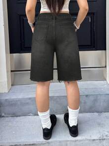 Y2K Vintage Street Style Ripped Distressed Frayed Hem Wide Leg Bermuda Denim Shorts, Comfortable Knee-Length Denim Shorts, Halloween Casual Black Summer - Black - View 4