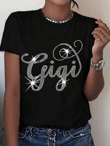 Women's Plus Size Black Cotton Graphic T-Shirt With Rhinestone Gigi Design, Fashion Casual Top, Short Sleeve T-Shirt With Glitter Letter Print For Everyday Wear, Birthday Gift, Party Outfit, Y2K Style, Oversized T-Shirt For Men, Summer Tops - 白色 - 查看 1
