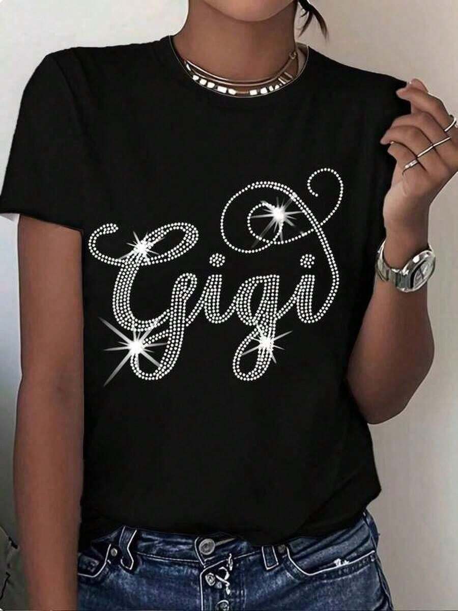 Women's Plus Size Black Cotton Graphic T-Shirt With Rhinestone Gigi Design, Fashion Casual Top, Short Sleeve T-Shirt With Glitter Letter Print For Everyday Wear, Birthday Gift, Party Outfit, Y2K Style, Oversized T-Shirt For Men, Summer Tops - 白色 - 查看 1