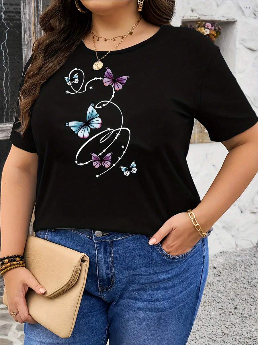 Plus Size, Plus-size T-shirt with Butterfly Print