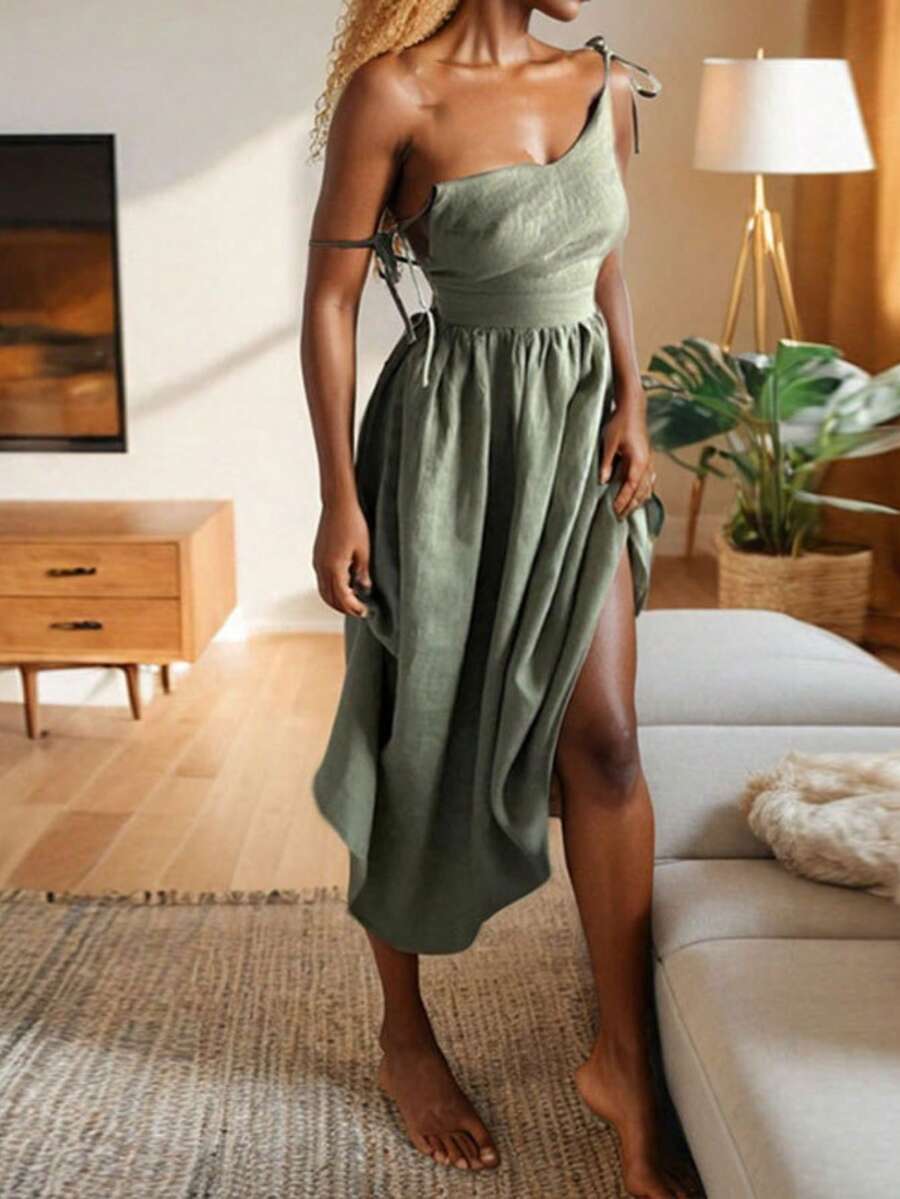 Vestido tirantes sin mangas cintura alta estilo sensual primavera 2026 - Verde - Ver 1