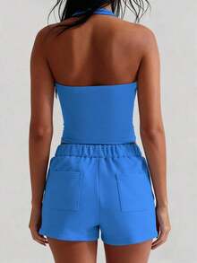 Camiseta sin espalda sexy, top de verano con cuello cuadrado elástico, ajuste casual y elegante, color amarillo para vacaciones - Azul brillante - Ver 5