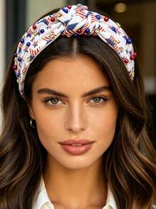 1pc Fashion Rhinestone Beaded Wide Headband, Star Print Knotted Hairband For Party & Costume - Multicolor - View 7