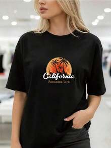 Svart bomulls-t-shirt med trycket "California Paradise Life", cool sommartopp, söt streetwear, europeisk storlek S ~ Modestil, present till födelsedag och högtid. - Svart - Visa 2