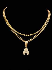 Bộ 2 món: 1 mặt dây chuyền chữ cái đính đá Cubic Zirconia & 2 dây chuyền thép không gỉ, 26 chữ cái tiếng Anh, Dây chuyền mặt dây chuyền phong cách hip hop cổ điển dành cho nữ, Thích hợp đeo hàng ngày hoặc dự tiệc, Quà tặng ngày Valentine - Vàng - Xem 28