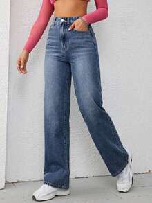 Pantalones vaqueros para mujer de pierna ancha y ajuste holgado con bolsillos para uso diario - Azul lavado oscuro 5 - Ver 3