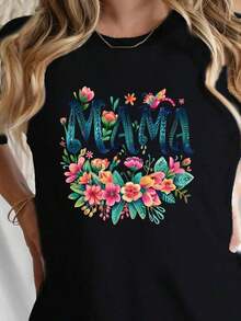 Women's Graphic T-Shirts, Soft T-Shirt With Bright Floral Design "MAMA" - Comfortable Fit, Casual Style, Machine Washable, Suitable For All Seasons, 100% Cotton, Casual Cotton T-Shirt For Women, Mother's Day Gift. - 黑色 - 查看 5