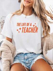 1 Piece Of Women's Short Sleeve Round Neck T-Shirt, Spring-Summer Casual Style, Alphabet Letter Print, Machine Washable, Ideal For Spring-Summer Casual Outfits, Medium Elasticity Fabric, Not Casual, In Stock, 180g, 100% Cotton. - 白色 - 查看 7