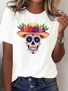 Women's T-Shirt With Mexican Skull Design - Solid Color Short Sleeve T-Shirt With Colorful Floral And Skull Prints, Casual Wear Inspired By Day Of The Dead, Machine Washable White T-Shirt, Suitable For Day Of The Dead Celebrations. Women's T-Shirts - 白色 - 查看 1