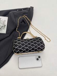 Bolso de mano de estilo retro coreano con patrón geométrico, diseño de cadena de metal, elegante para citas, bodas, versátil como bolso de mano y de hombro - Negro - Ver 4