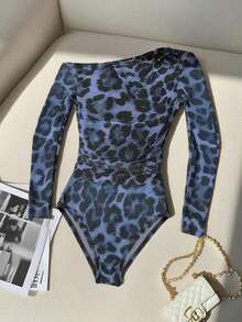 Body de manga larga con hombros transparentes y estampado de leopardo para mujer - Azul - Ver 1