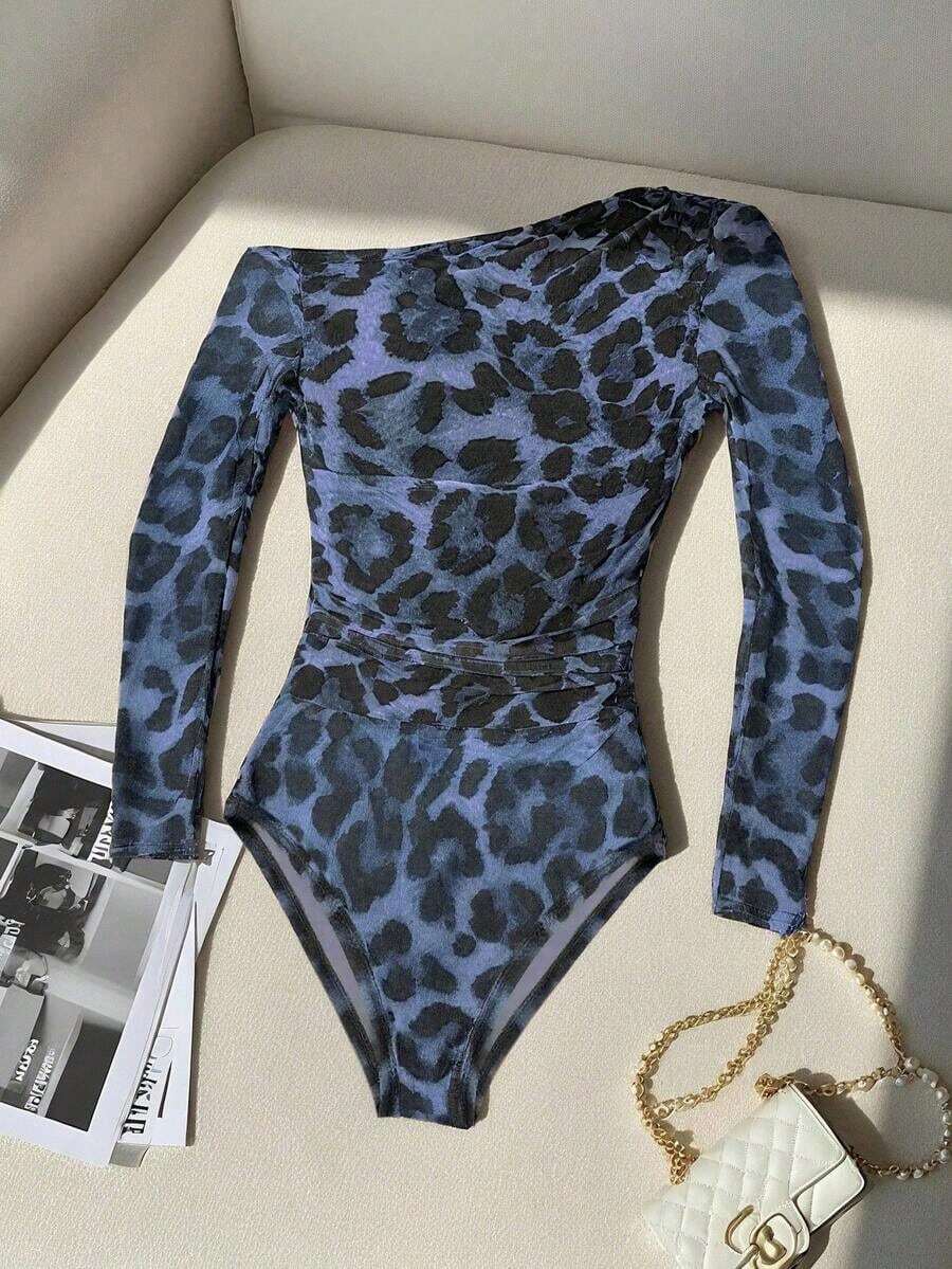 Body de manga larga con hombros transparentes y estampado de leopardo para mujer - Azul - Ver 1
