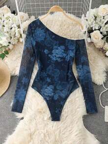 Body de manga larga con hombros transparentes y estampado de leopardo para mujer - Azul marino - Ver 2
