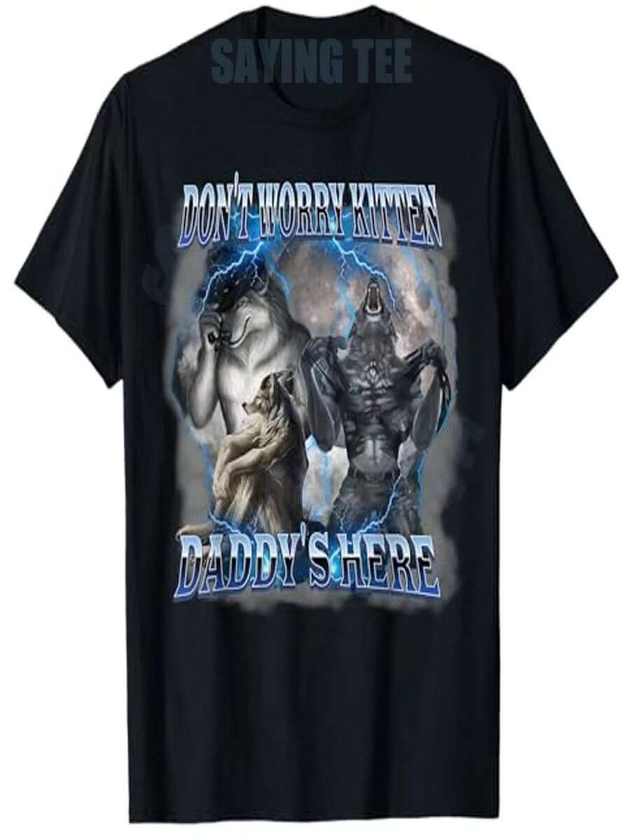Don't Worry, Daddy Cat Is Here! Funny T-Shirts With Alpha Wolf Emojis, Women's Fashion, SigmaAlpha Sarcastic Saying T-Shirts, Original Gifts, Y2K Style Tops. - 黑色 - 查看 1