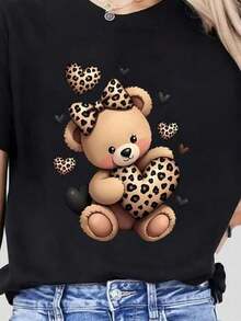 Women's Graphic T-Shirt, Teddy Bear Print, Bow, Hearts, Animal Print, Leopard Hearts, Love, Teddy Bear, Casual Daily Wear, Day And Night, Spring And Summer. - 黑色 - 查看 8