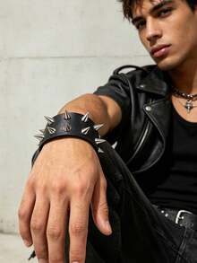 1/3pcs Punk Style Rivet Leather Bracelet Set - Black Gothic Leather Bracelet With Silver Pyramid Studs And Spikes, Adjustable Punk Rock Accessories For Women, Suitable For Music Festivals, Concerts, Singles Parties And Summer Vacation Outfits - Multicolor - View 5